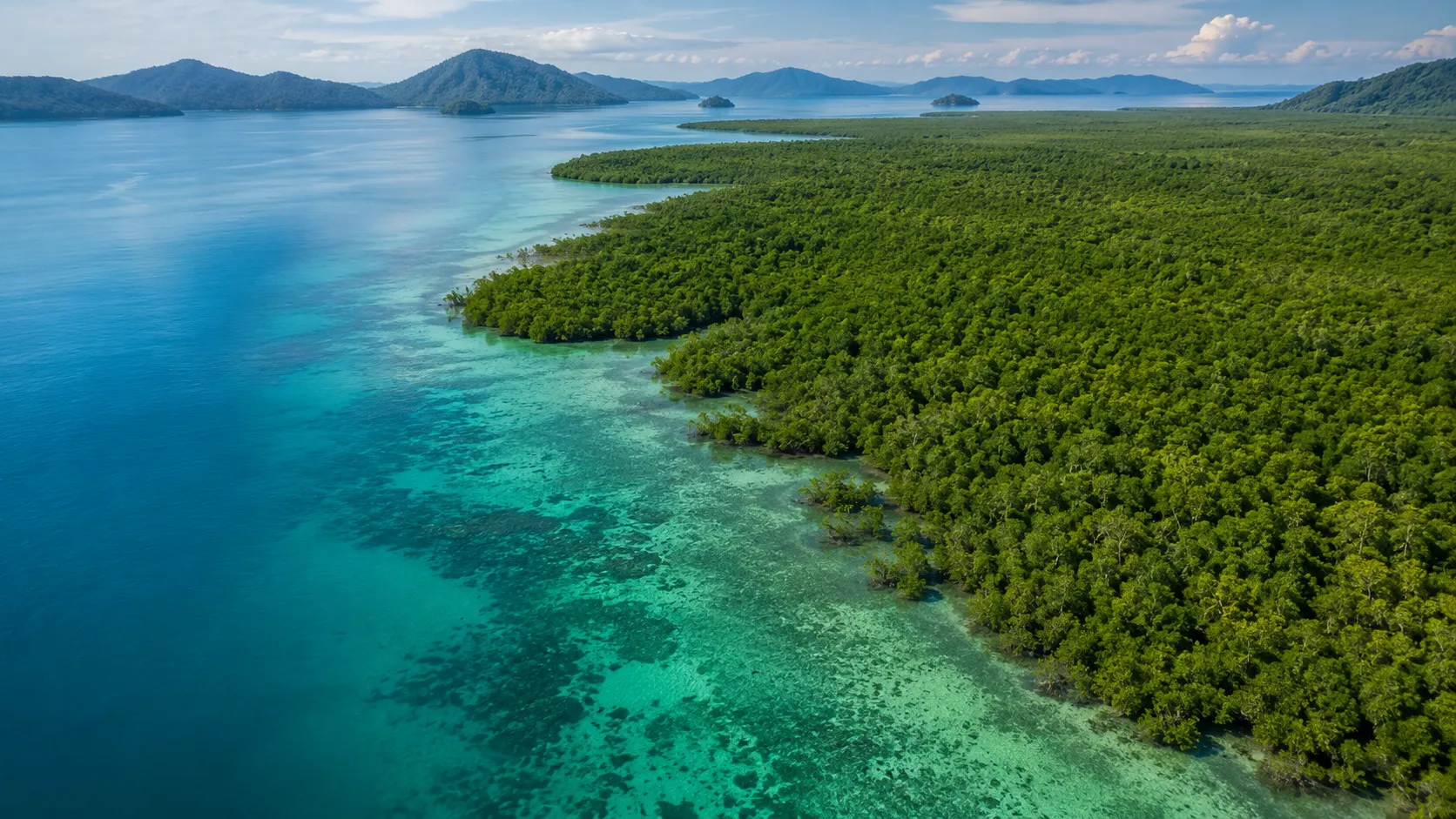 Monetizing Blue Carbon - A hyper-realistic editorial photography of an aerial view over a pristine, dense mangrove forest meeting deep turquoise ocean waters in a tropical archipelago