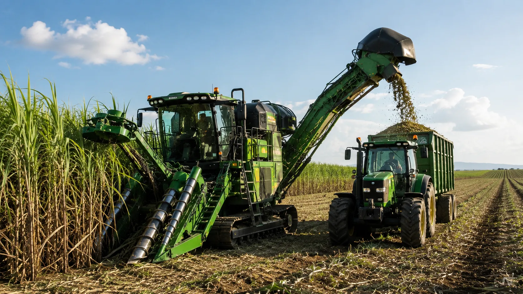 The Biofuel Supply Chain - A realistic, high-end editorial photo of a modern sugarcane harvesting machine operating efficiently in a vast, organized plantation field at sunrise