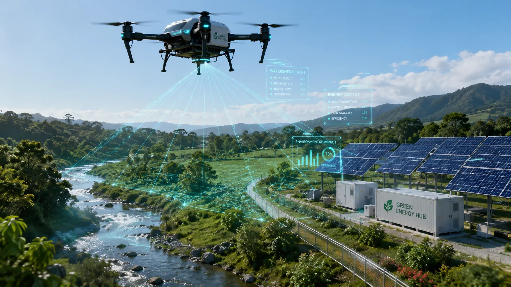 An advanced agricultural drone mapping a rural watershed next to a newly constructed solar infrastructure hub