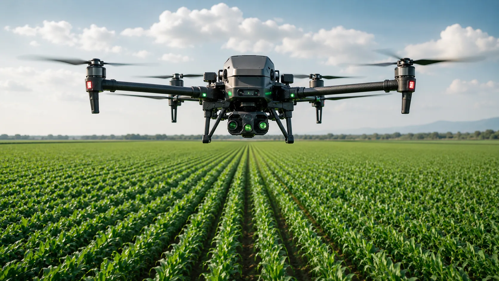 Precision Agriculture - A realistic, high-end editorial photo of a textless, automated multispectral agricultural drone hovering over a vast, perfectly aligned crop field