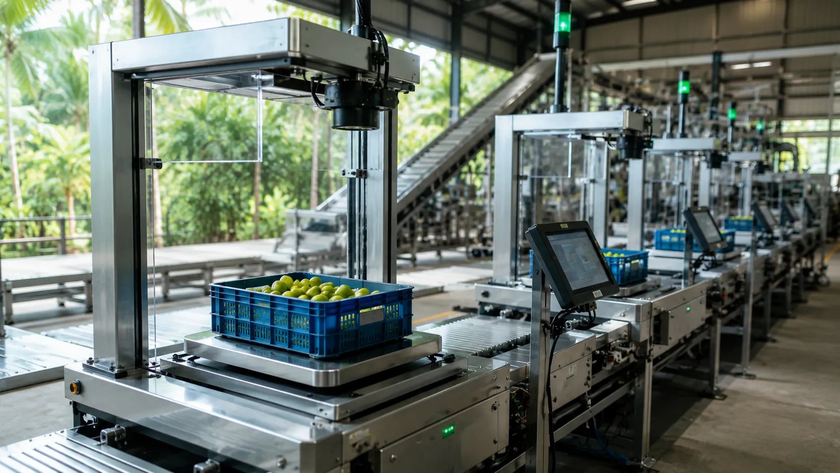 Blockchain Traceability - A realistic, high-end editorial photo of modern, textless automated weighing and sensor hardware processing agricultural goods in a clean facility