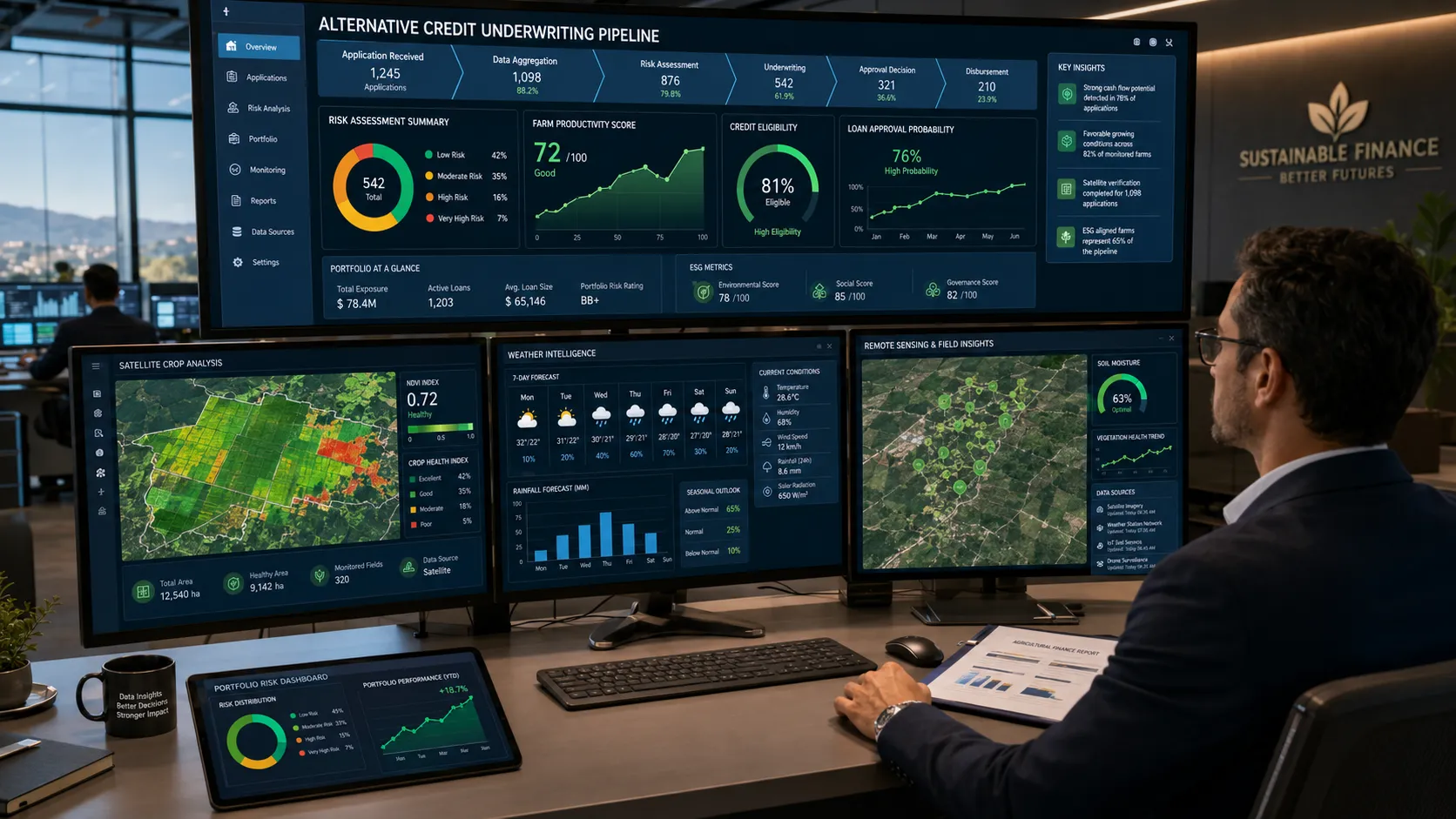 An institutional credit manager analyzing multi-spectral crop maps and alternative credit data on dual monitor displays inside a clean corporate banking office