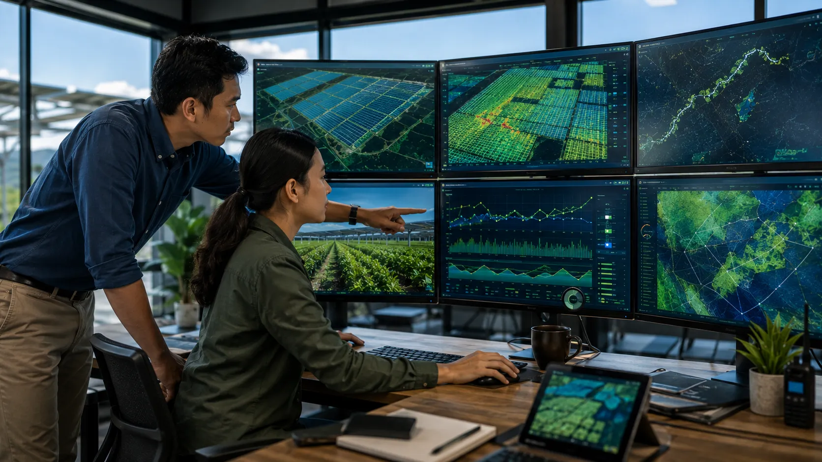 Agrivoltaics Capital Deployment - A realistic editorial photograph of a female lead engineer sitting at a desk and a male agricultural specialist standing leaning over her shoulder reviewing dual-yield telemetry on a multi-screen dashboard