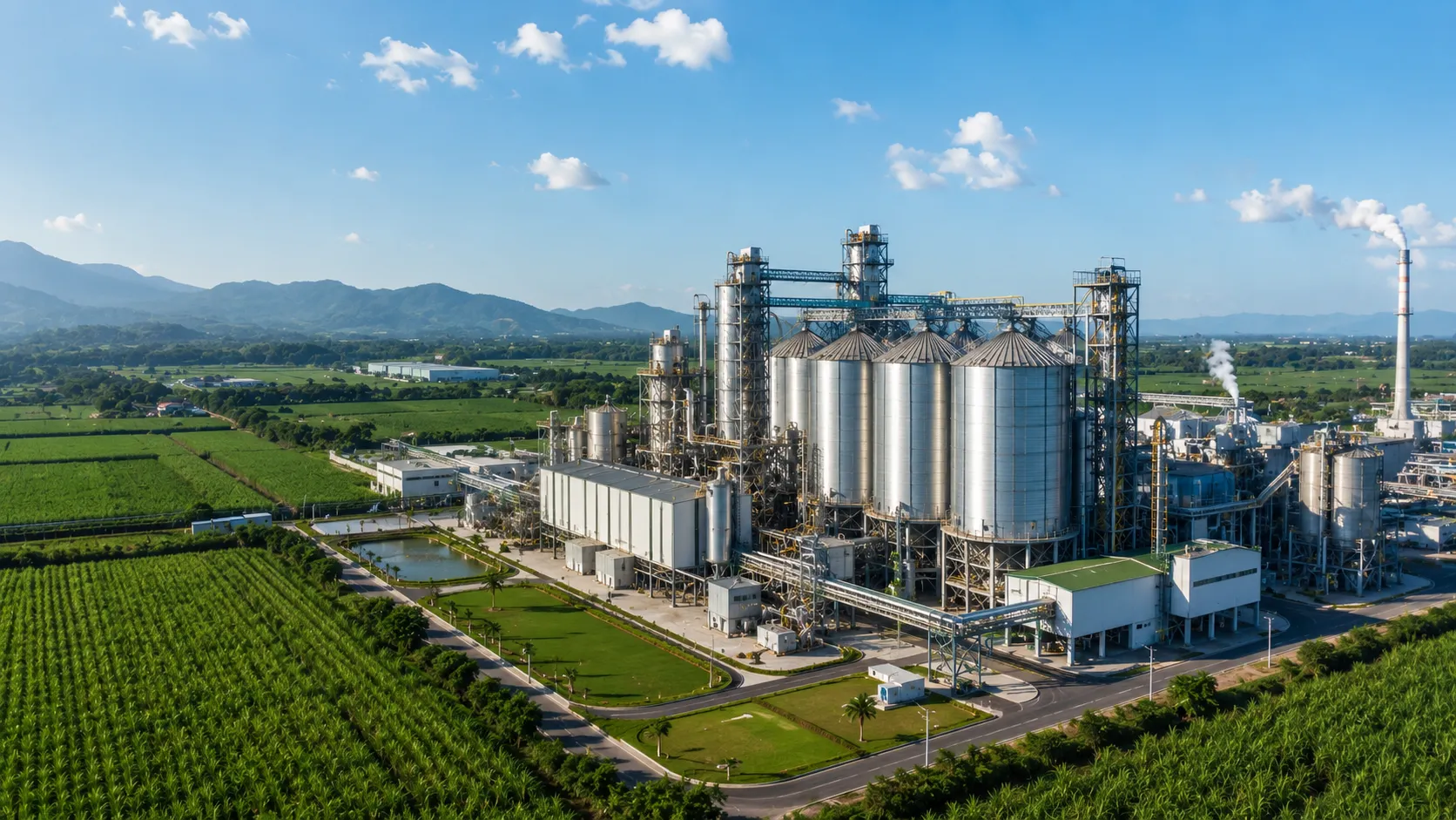 Blended Finance Frameworks - A realistic, high-end editorial photo of a pristine, modern agro-industrial processing facility operating efficiently in a rural landscape