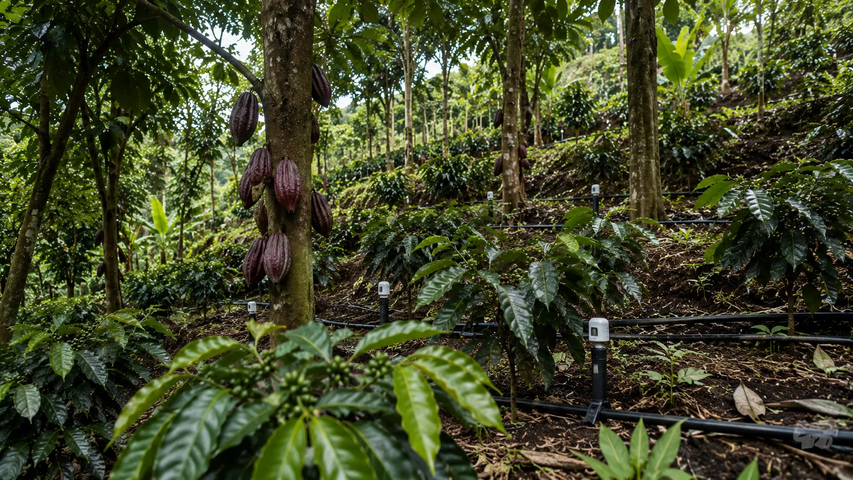 Scope 3 Carbon Insetting - A realistic editorial photo of a pristine shade-grown cacao and coffee agroforestry plantation with modern drip irrigation and soil telemetry sensors under natural daylight