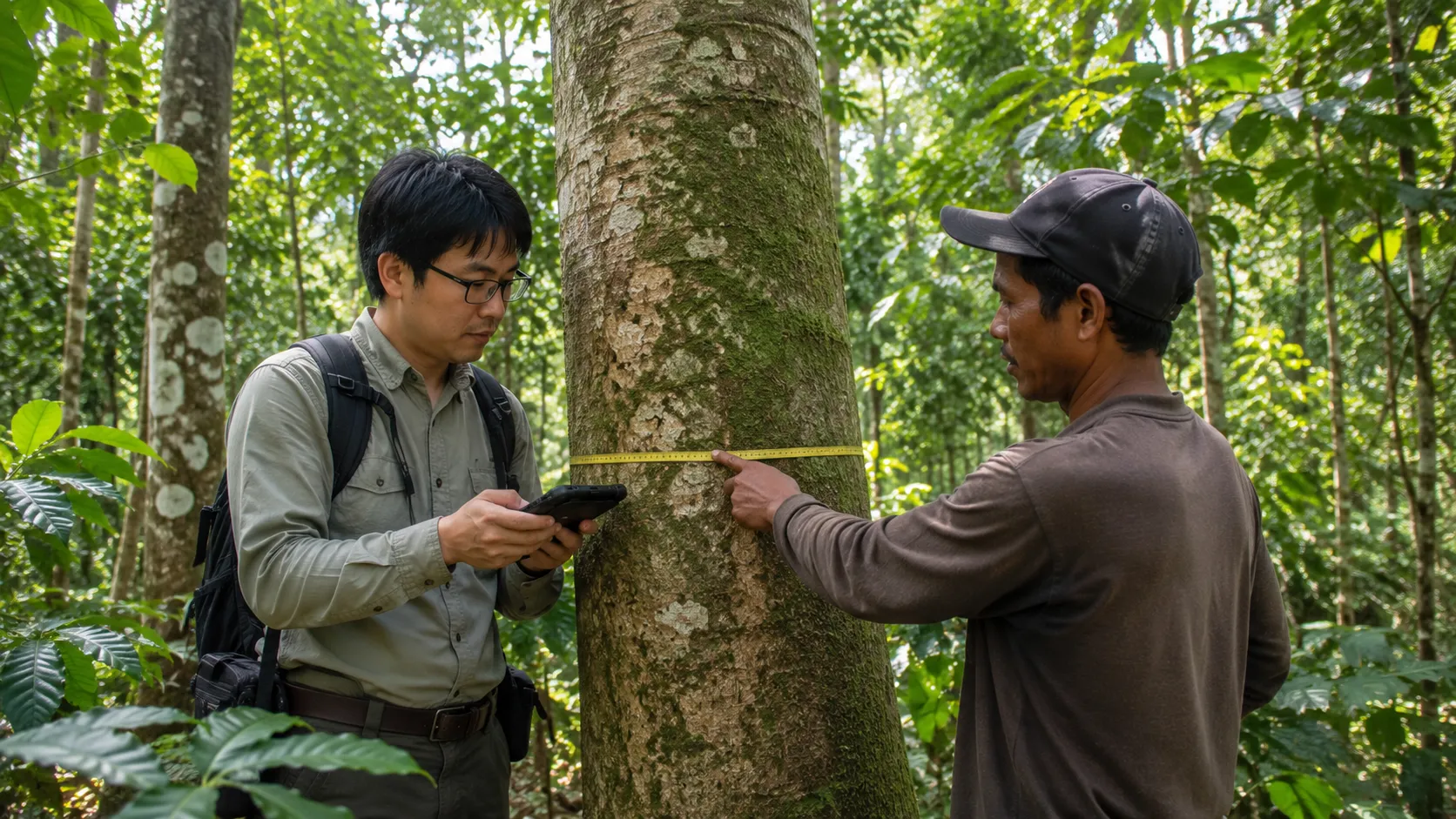 Carbon Credit Monetization - An authentic, documentary-style editorial photograph of an environmental scientist and a local farmer measuring tree girth in a dense agroforestry project