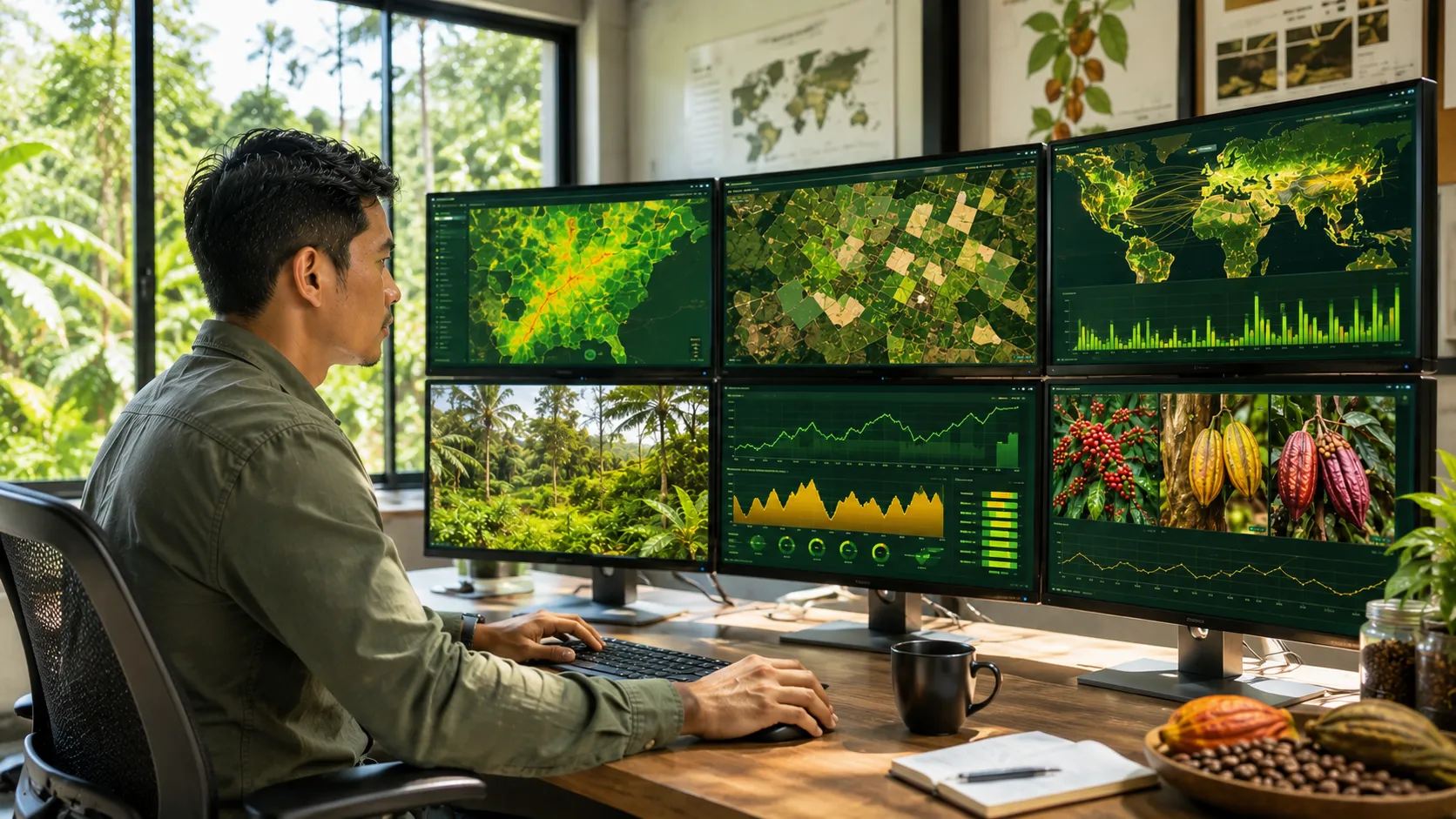 Scope 3 Carbon Insetting - A realistic editorial photo of a professional agricultural data scientist operating a multi-monitor digital dashboard monitoring Scope 3 carbon sequestration heatmaps inside a field office
