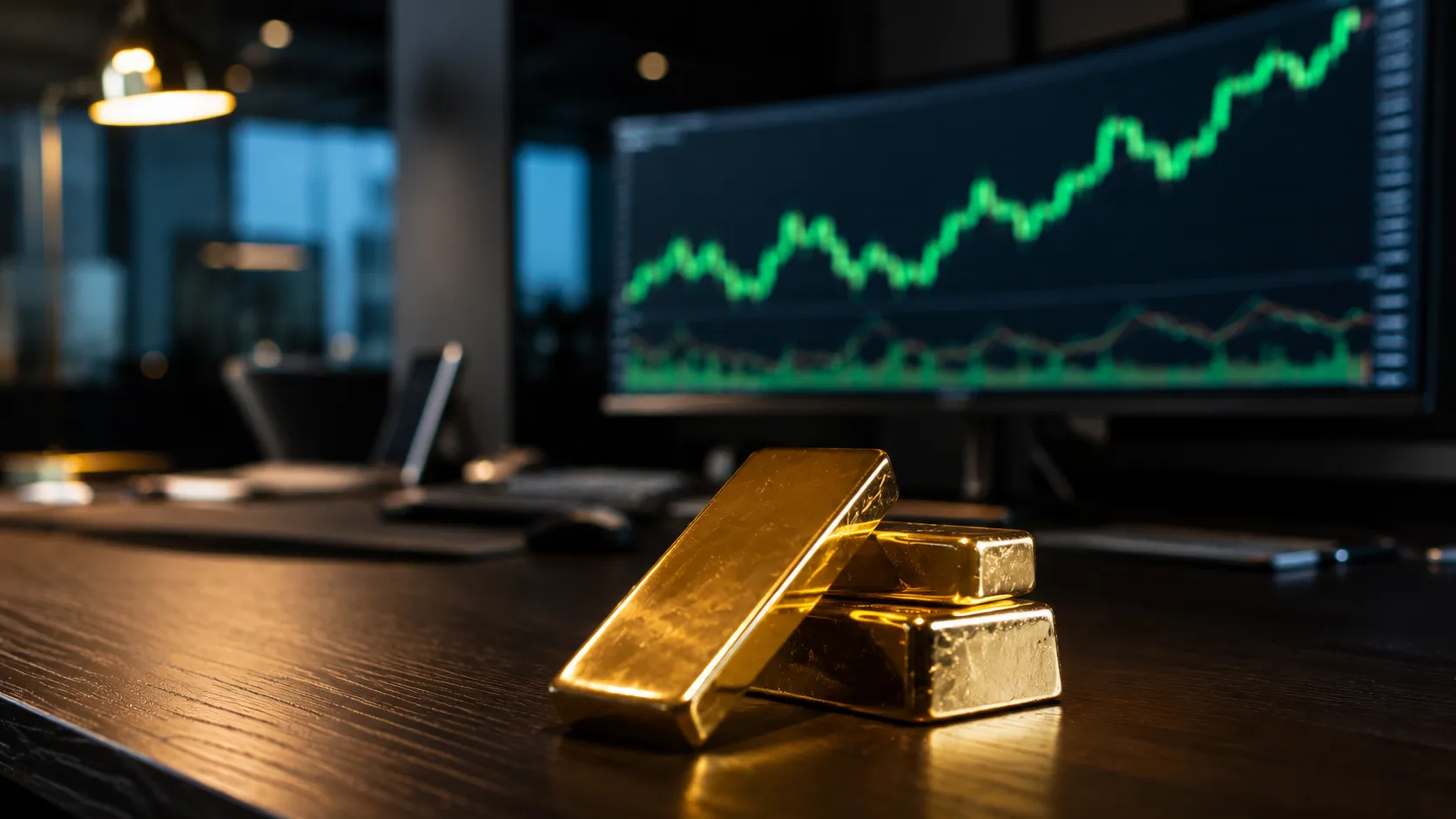 Gold bullion bars sitting on a corporate trading desk representing rebounding Antam gold prices