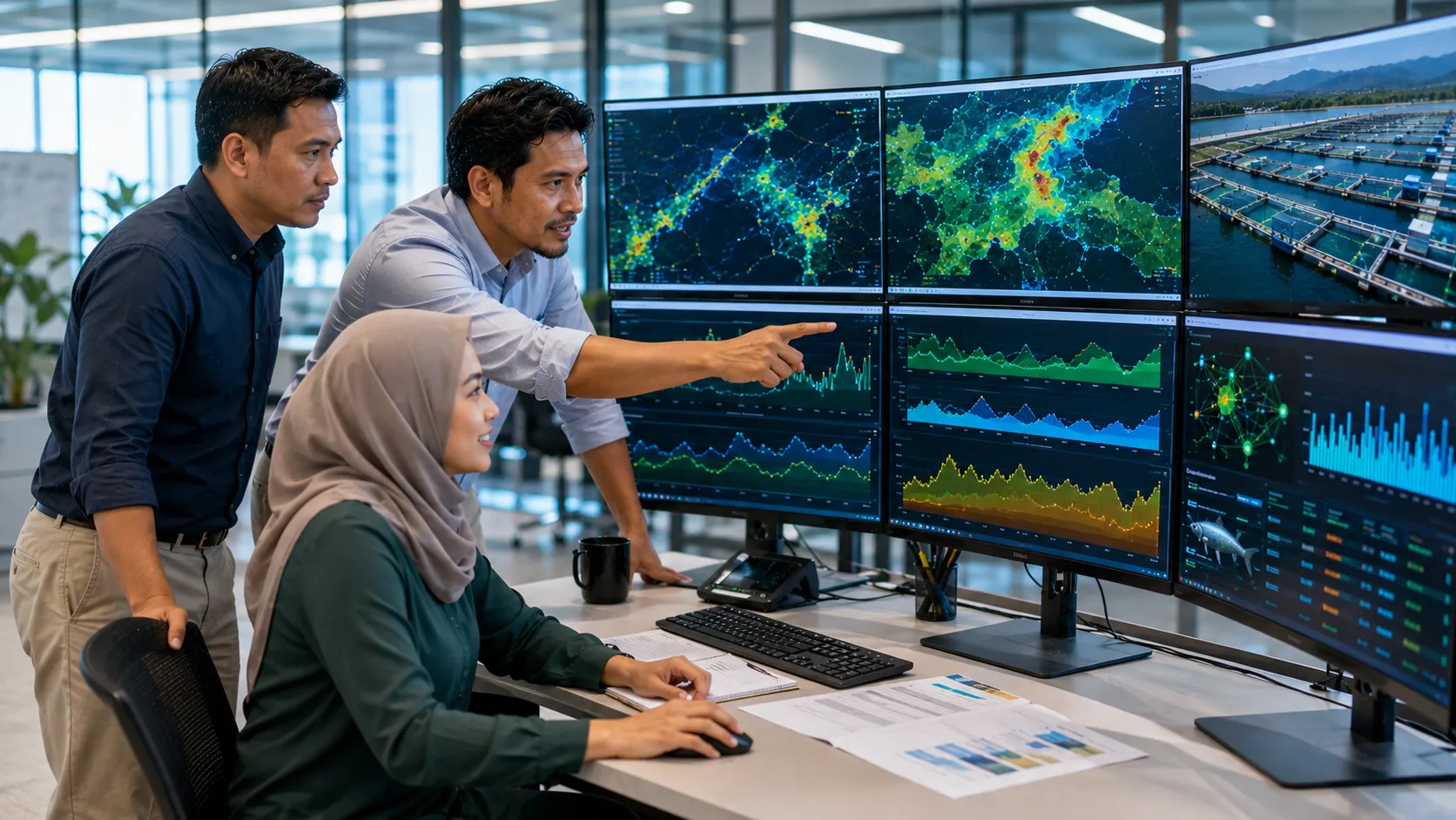 Sustainable Aquaculture Financing - A realistic editorial photograph of an interdisciplinary marine finance team including a male credit underwriter and a female marine data scientist reviewing live water quality telemetry and export traceability ledgers on a multi-screen command dashboard