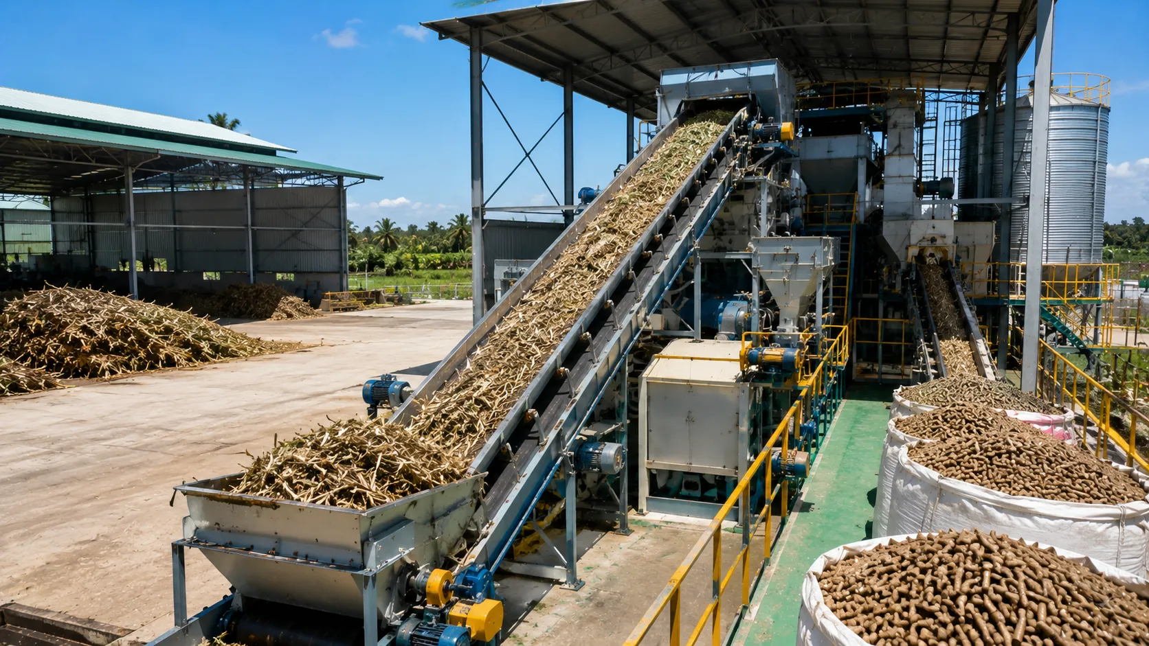 Sustainable Aviation Fuel (SAF) Feedstock Mobilization - A realistic editorial photograph of an automated, clean biomass pelletization and agricultural residue compaction facility operating smoothly in a tropical agrarian hub