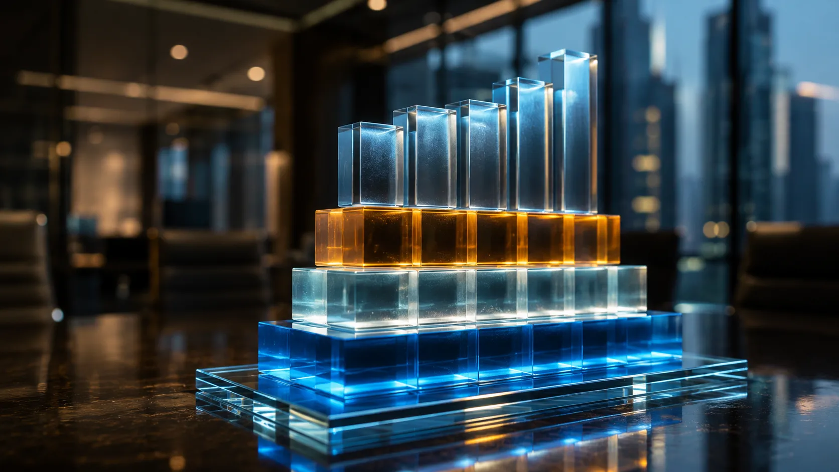Blended Finance Frameworks - A professional B2B editorial photograph of a glowing, textless 3D digital visualization representing a financial capital stack and legal corporate structures