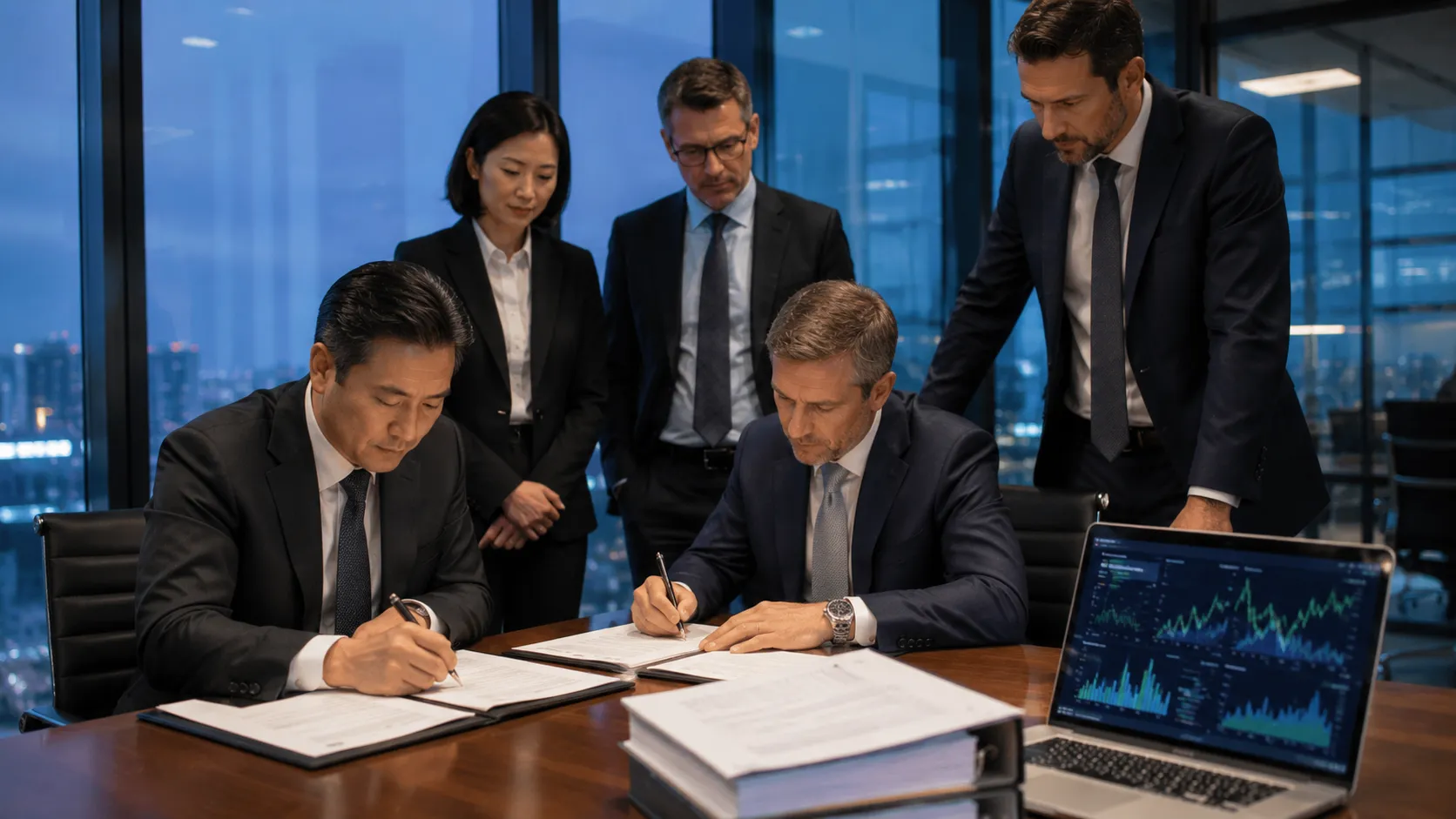 Carbon Credit Monetization - A realistic, high-end editorial photo of corporate executives and fund managers signing a carbon offtake agreement in a modern glass boardroom