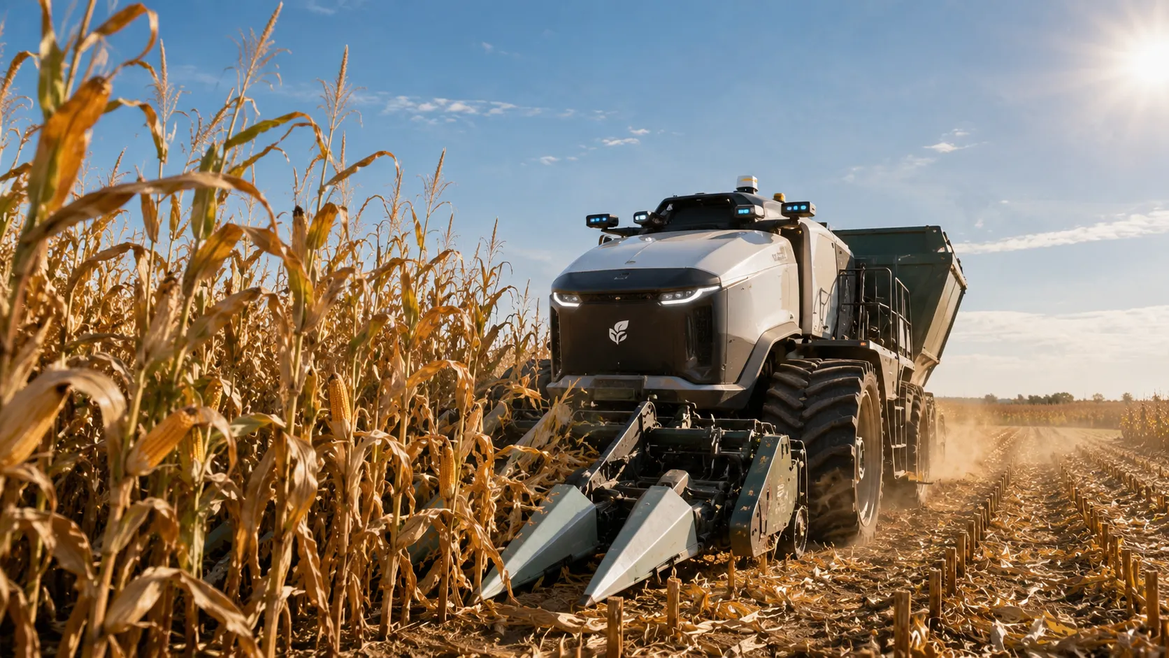 A commercial automated tractor harvesting a high-yield crop under a clear sky