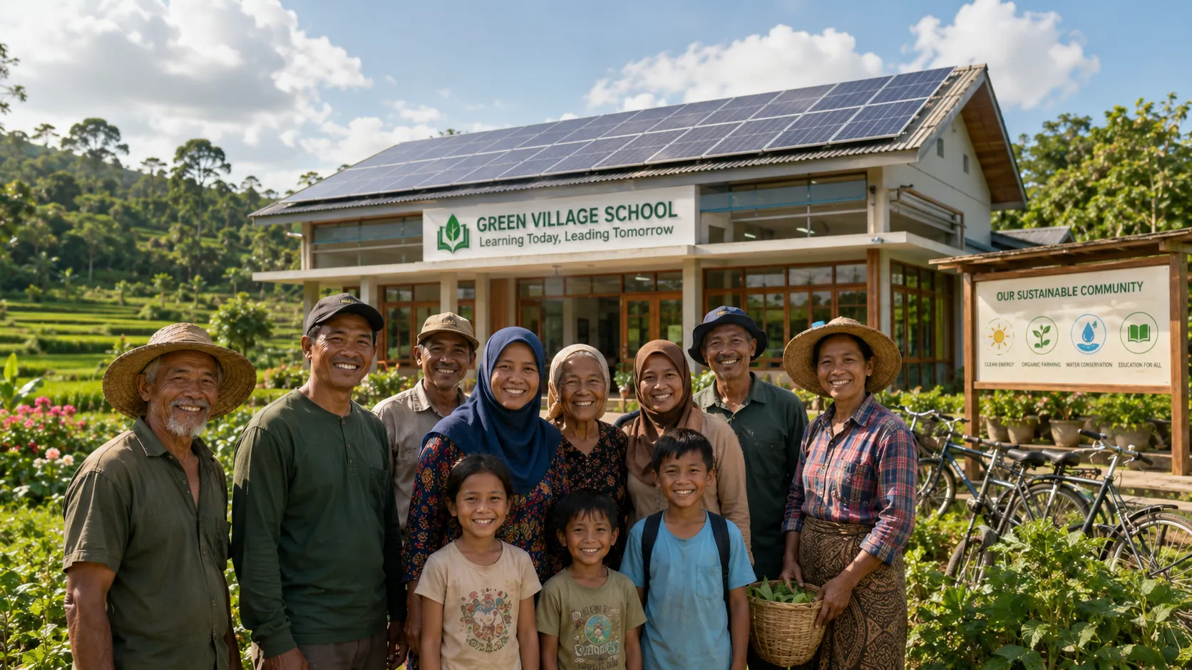 A smiling village community cooperative celebrating sustainable economic growth funded by carbon credits