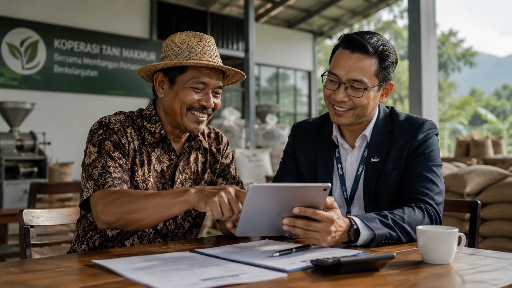A local agrarian cooperative leader discussing parametric weather-index insurance terms with an institutional bank representative inside a smart village hub