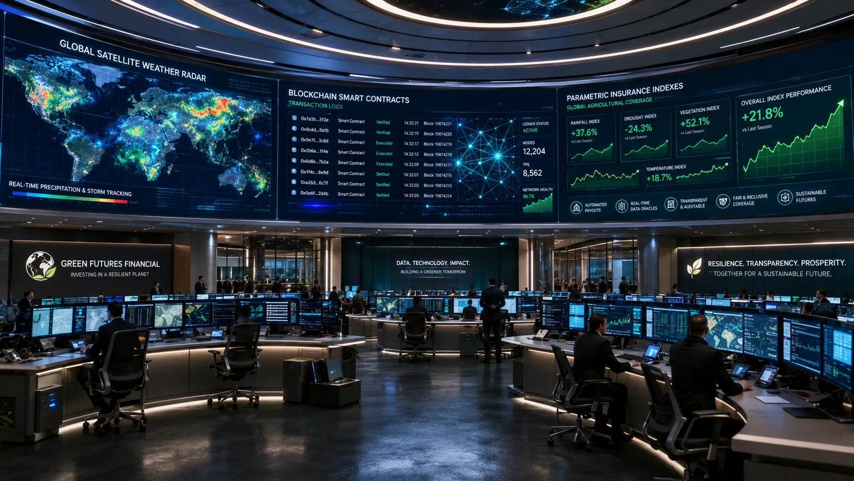 A modern institutional financial trading floor displaying real-time parametric insurance smart contract data nodes and global climate risk indices