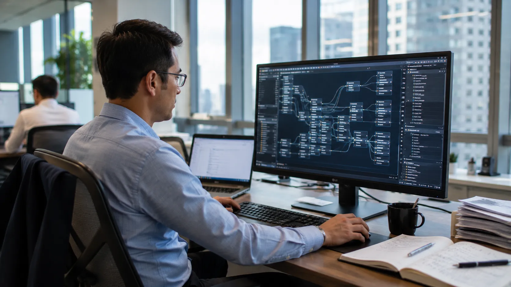 The RegTech Mandate - A high-detail, realistic photograph of a digital data visualization screen showing complex, integrated information streams