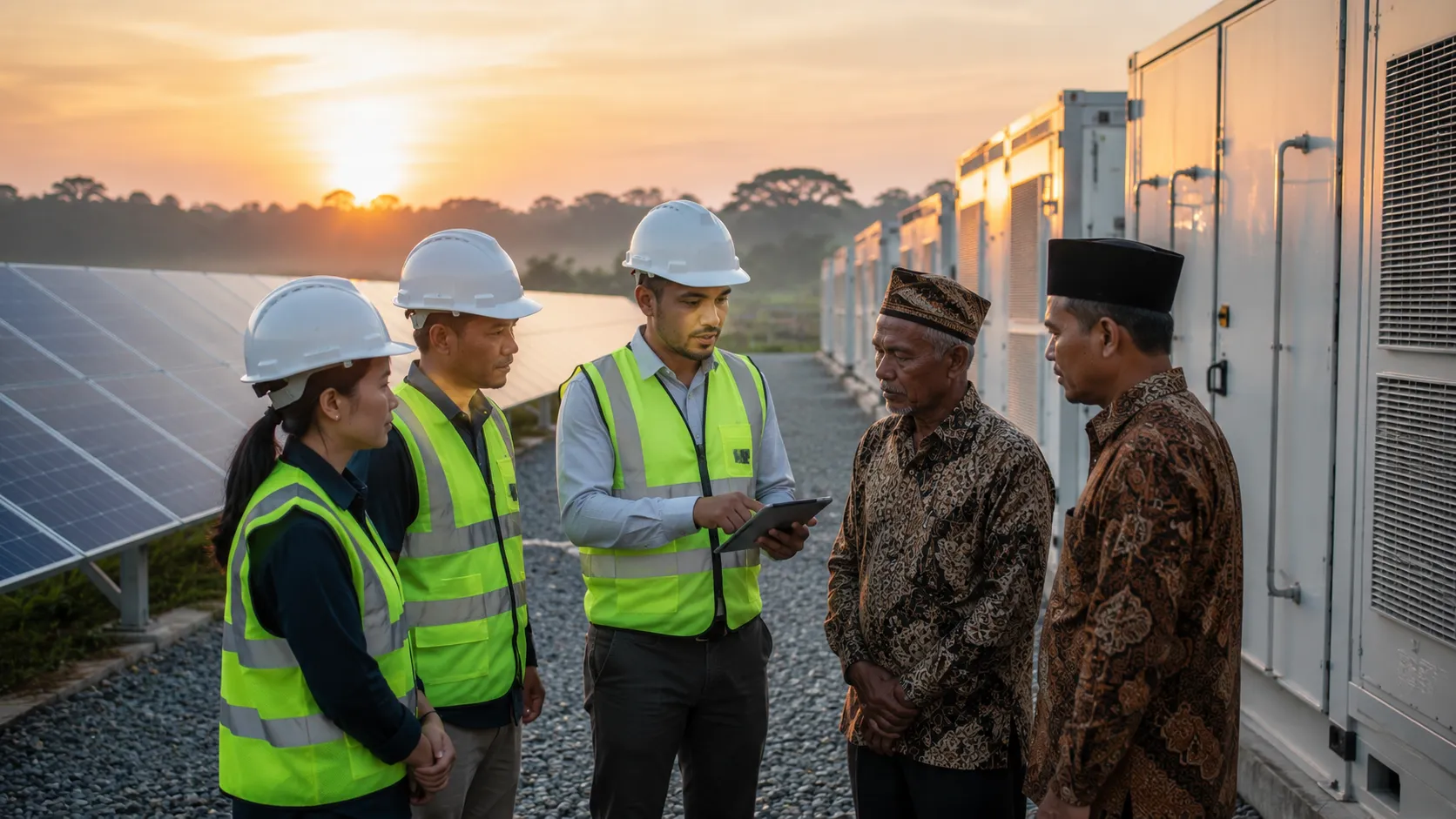 Solar Micro-Grids - A high-end editorial photograph of clean-energy infrastructure engineers and village leaders inspecting a modern solar farm and battery storage facility