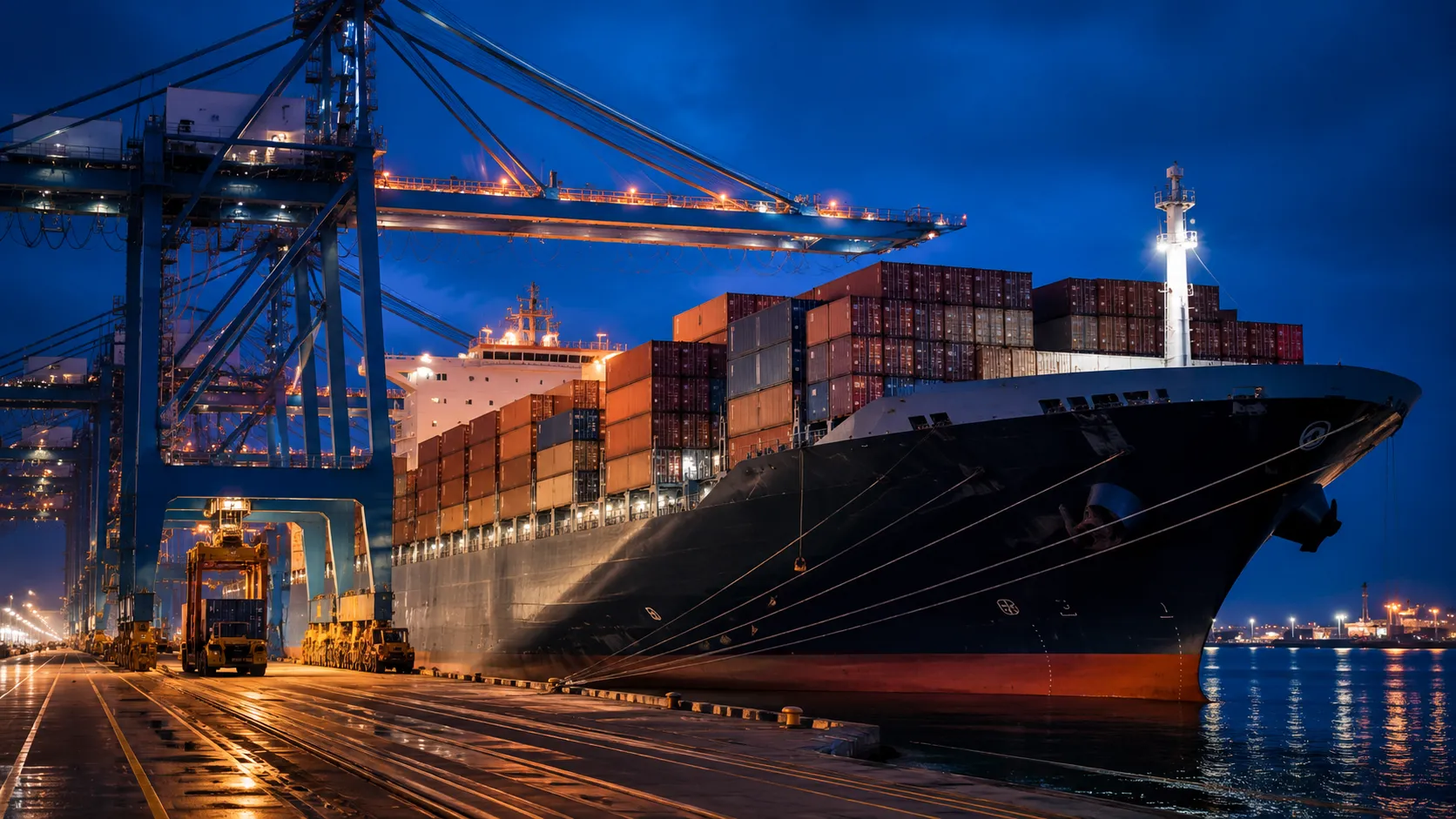 Wholesale CBDCs and Project mBridge - A hyper-realistic editorial photograph of a massive container ship loading agricultural commodity containers at a modern Asian deep-water port at twilight