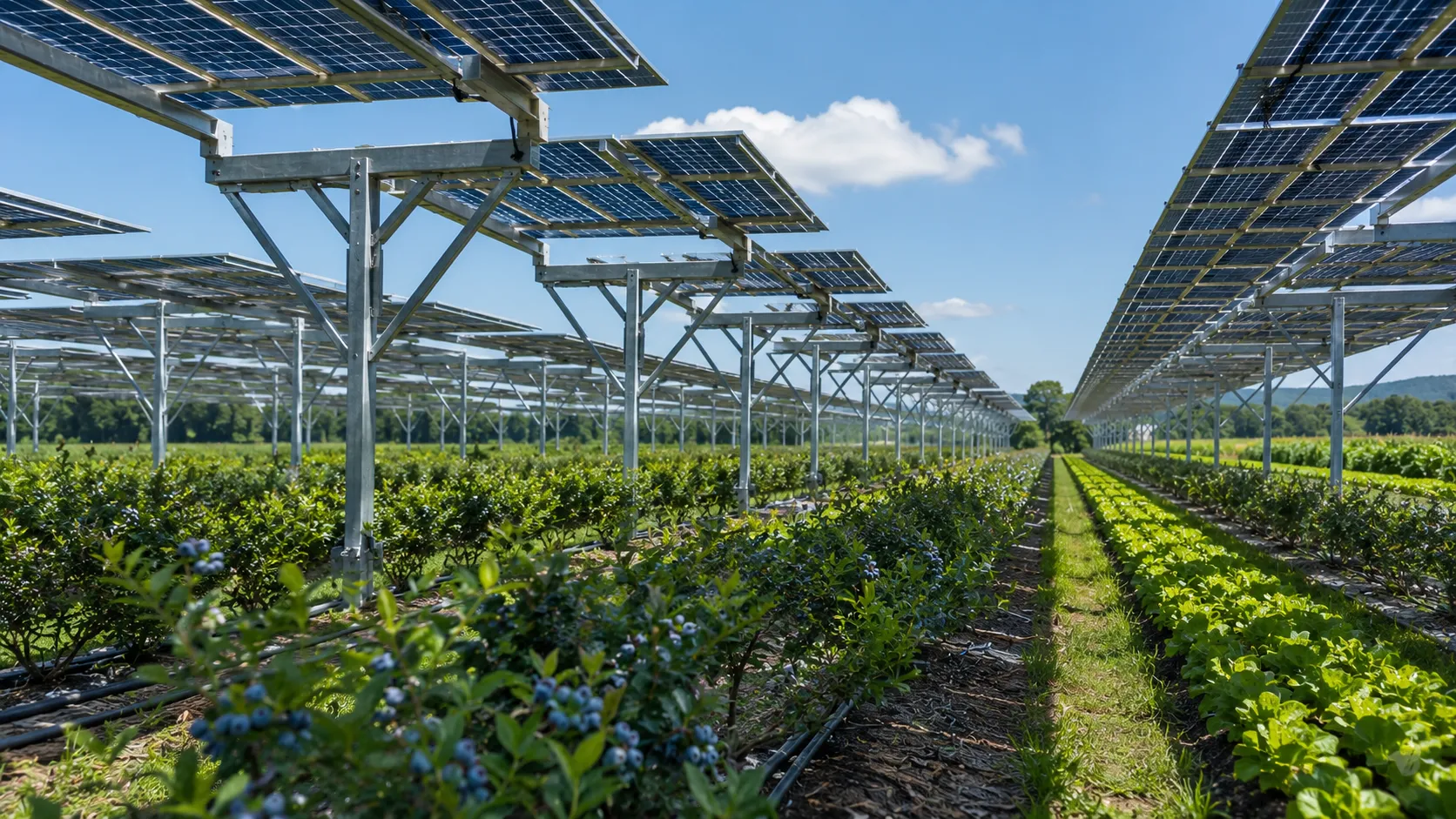 Agrivoltaics Capital Deployment - A realistic editorial photograph of an expansive agricultural field with bifacial solar panels elevated over high-yield berry crops and automated drip irrigation systems