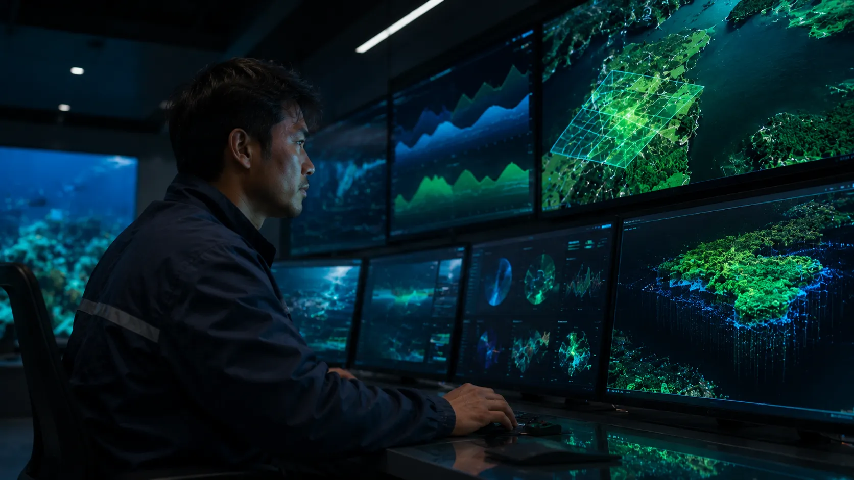Monetizing Blue Carbon - A realistic editorial photograph of a professional marine scientist operating a high-tech multi-monitor dashboard analyzing eDNA telemetry and carbon sequestration rates inside a coastal research control room