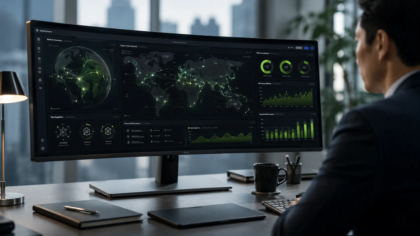 EV Battery Value Chain - A realistic, high-end editorial photo focusing on a digital dashboard displaying real-time ESG metrics and mineral supply chain traceability