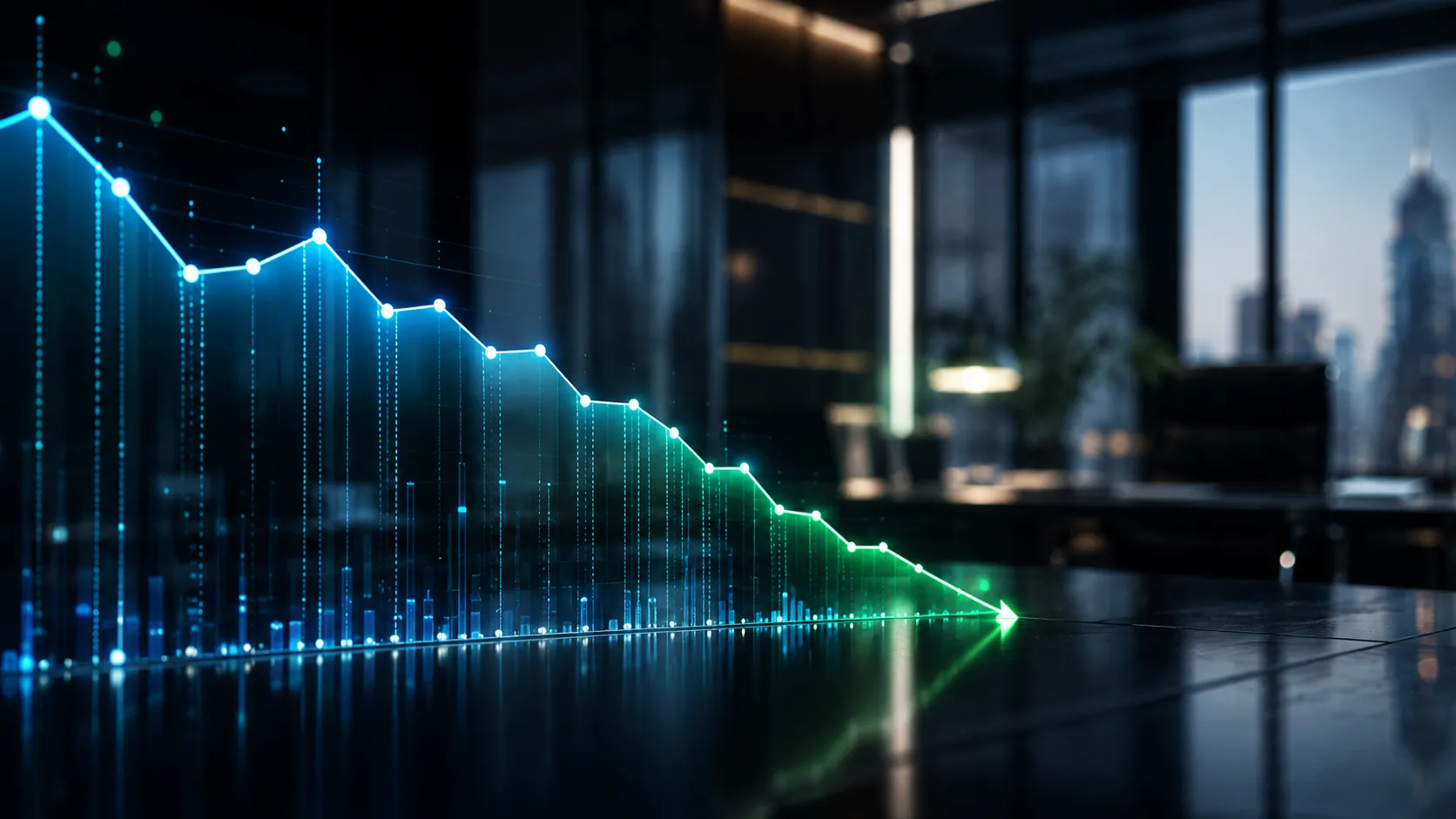 ESG Reporting Quality vs Cost of Capital - A minimalist, modern glowing data visualization chart on a dark background showing a descending trend line