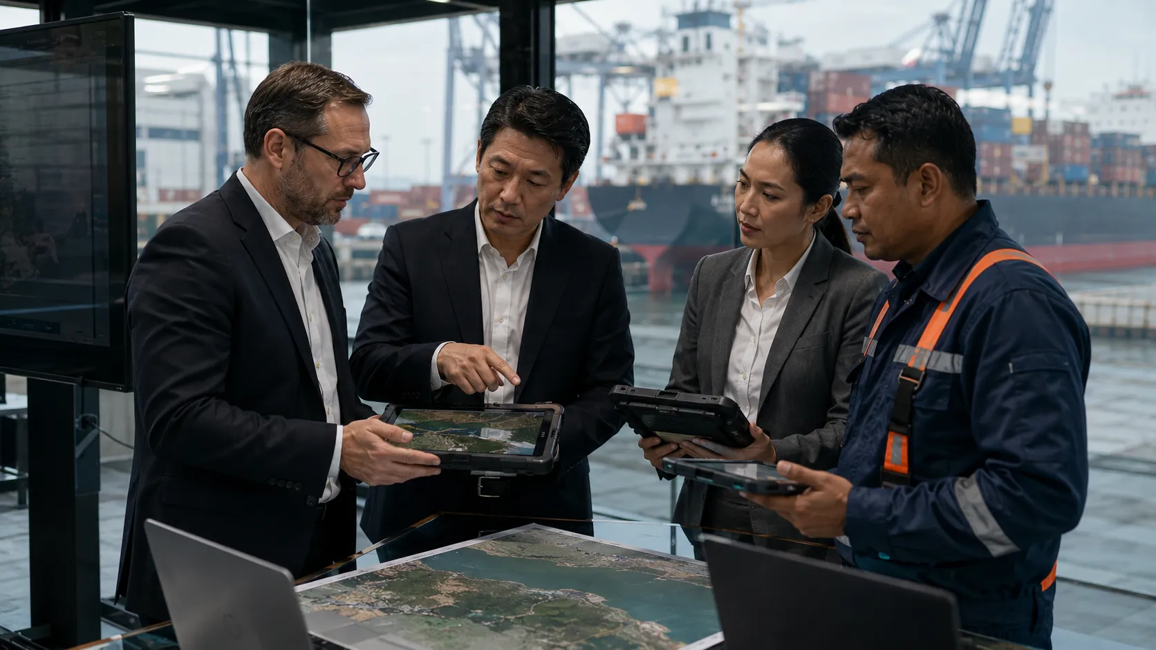 EUDR Compliance - A high-end editorial photograph of international supply chain directors and compliance auditors examining geospatial satellite data in a corporate port office