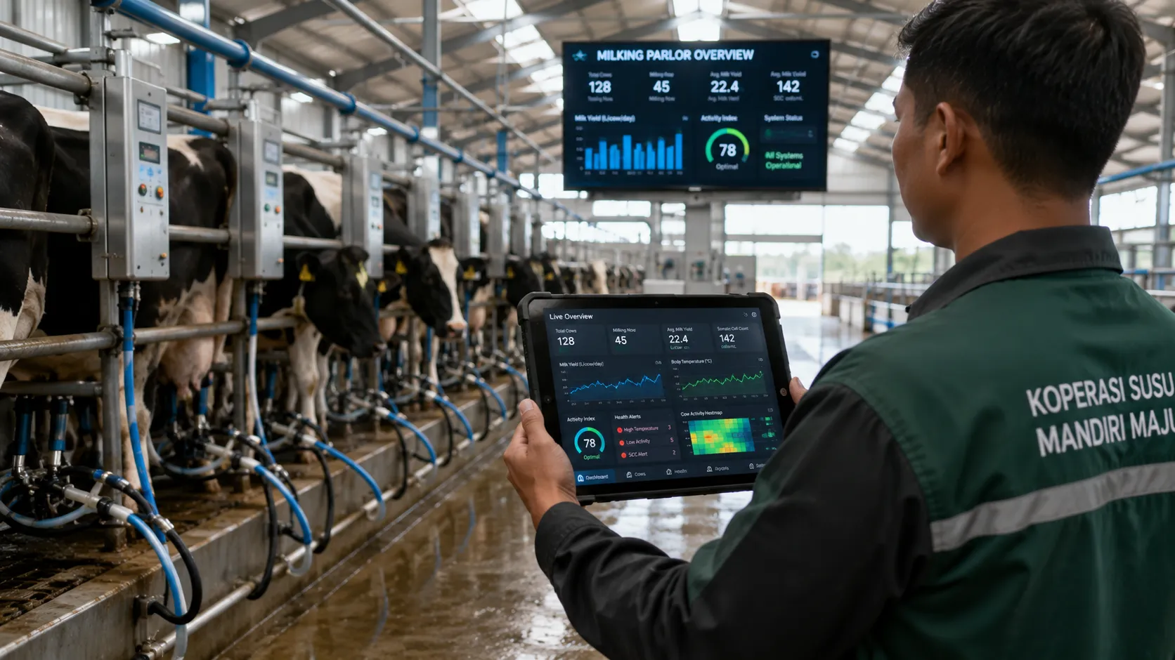 A cinematic interior shot of a modern clean dairy processing barn equipped with automated systems and a digital tablet monitor