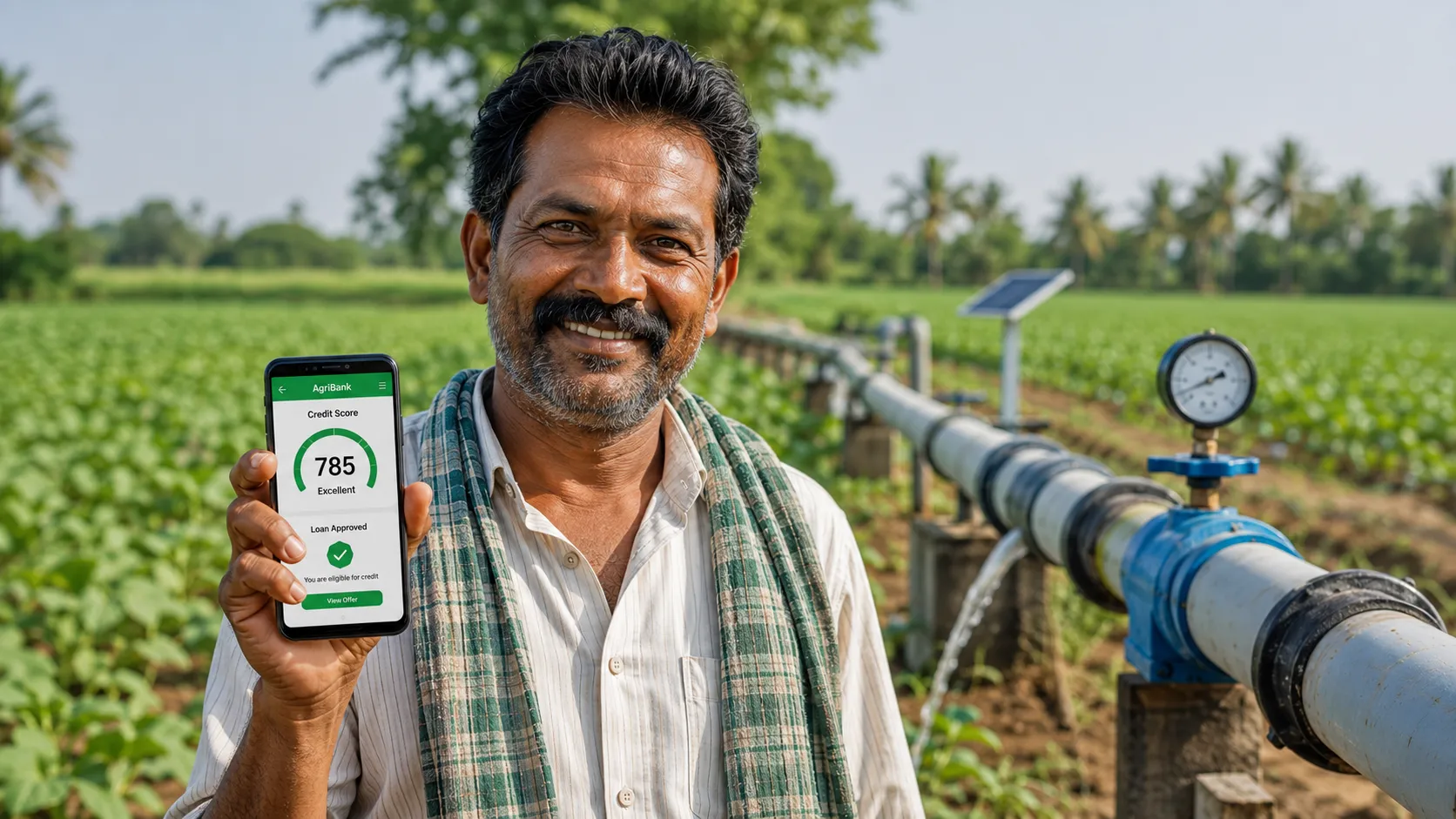 A professional medium shot of a local smallholder farmer checking their digital credit profile on a smartphone while standing next to a modern irrigation system