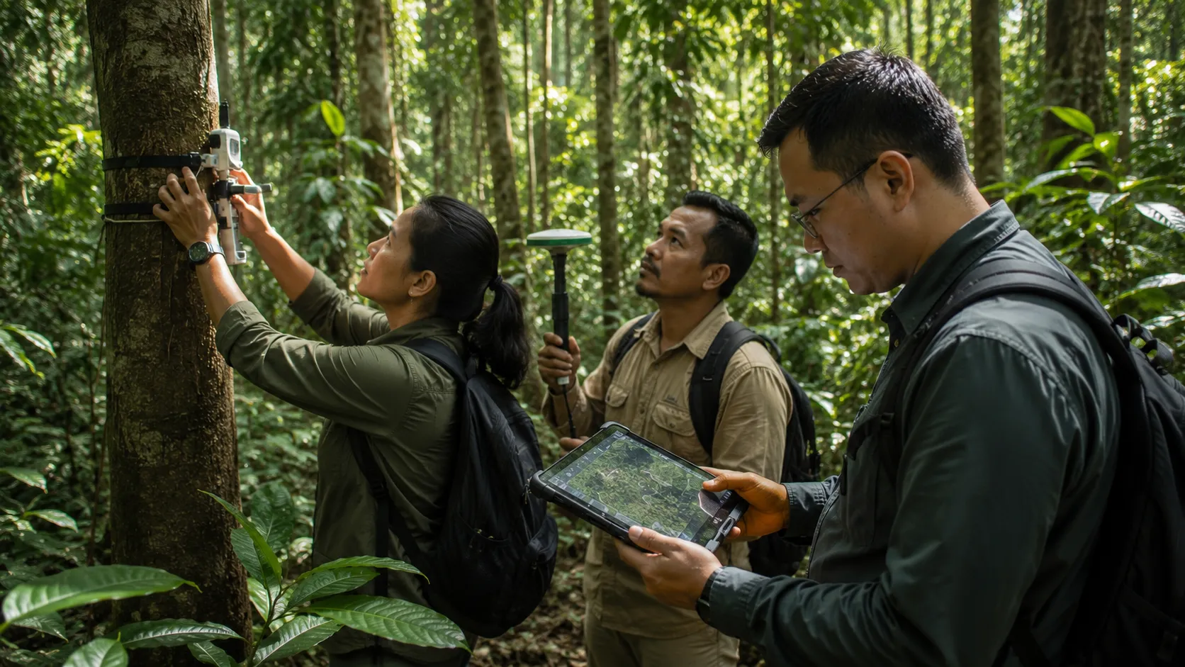 Carbon Credit Portfolios - A realistic, high-end editorial photo of field researchers utilizing advanced satellite tablets and biomass sensors in a dense village-managed forest