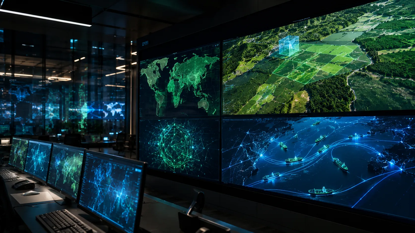 EUDR Compliance - A realistic, high-end editorial photo focusing on a textless digital command center dashboard displaying geospatial polygon mapping and satellite forest overlays