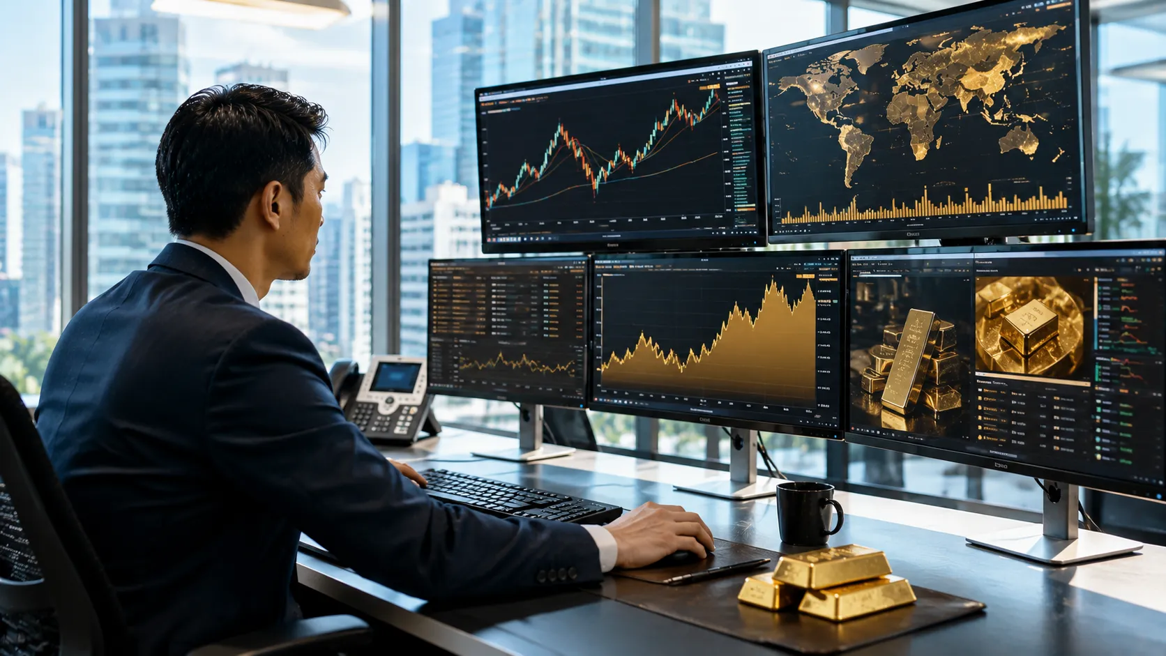 A professional trading terminal displaying global commodities data and gold spot pricing