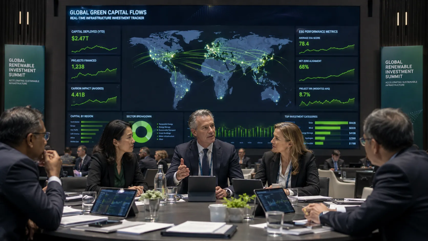 ESG-Compliant Infrastructure Investment - A high-end editorial photograph of institutional investors and environmental engineers reviewing blueprints in front of a massive utility-scale solar farm at dawn