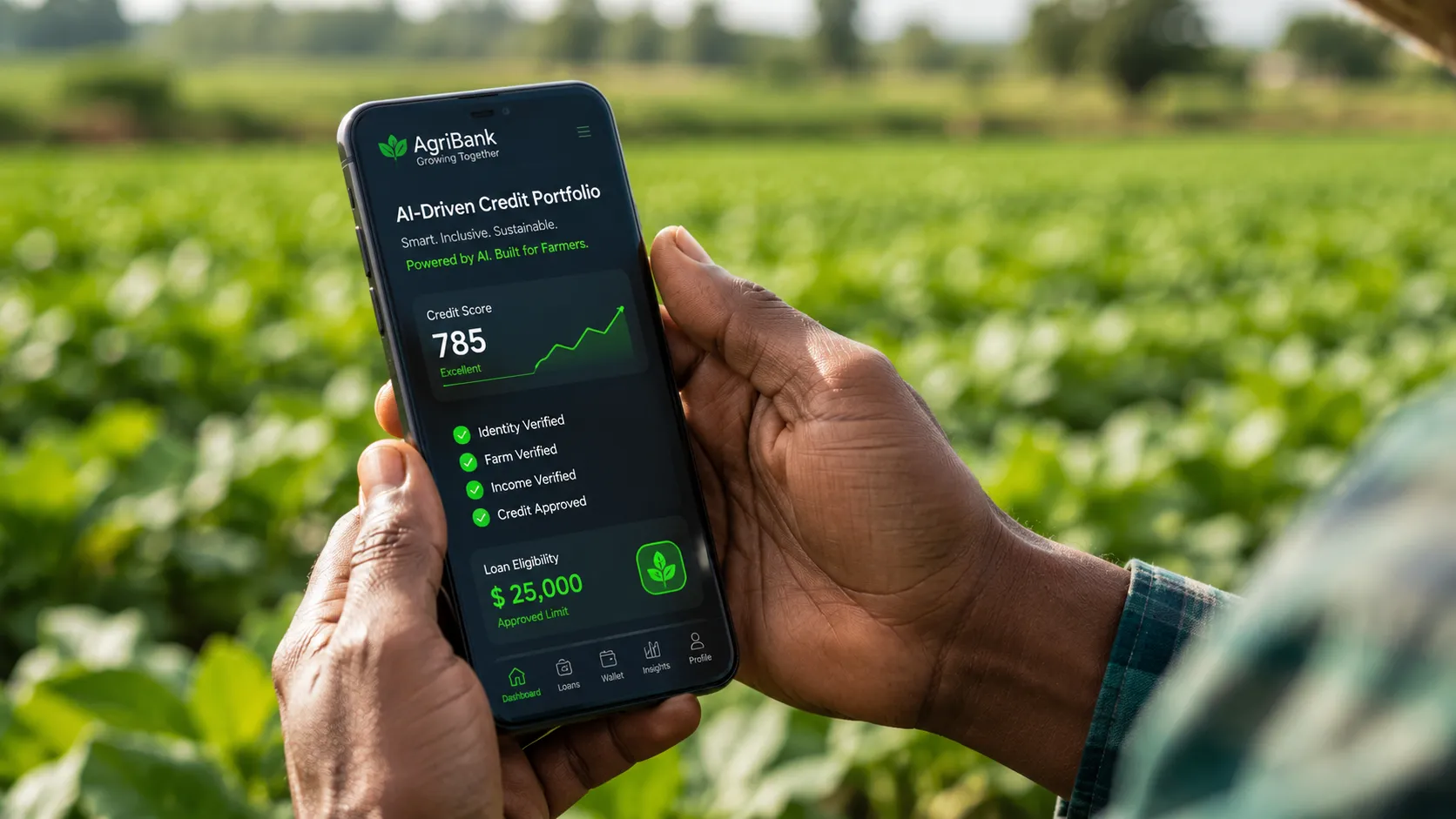 A close-up shot of a smallholder farmer's hands holding a smartphone displaying an AI-driven credit scoring app dashboard in a lush field