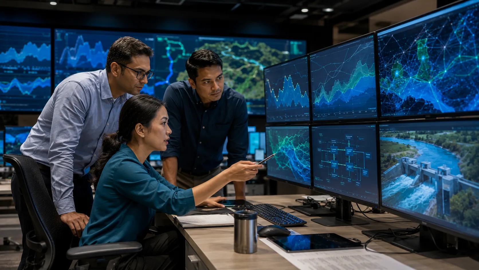 Institutional Water Rights Trading - A realistic editorial photograph of a diverse team of male and female hydrologists and financial analysts monitoring real-time water spot prices and basin telemetry on a multi-screen command dashboard