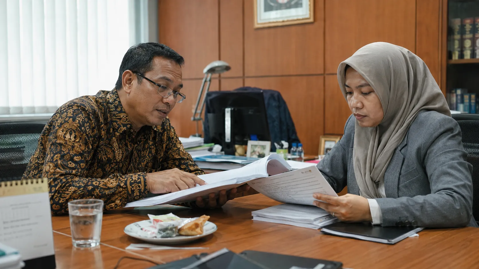 Two Indonesian trade officials reviewing compliance documents related to the US Tariffs Indonesia