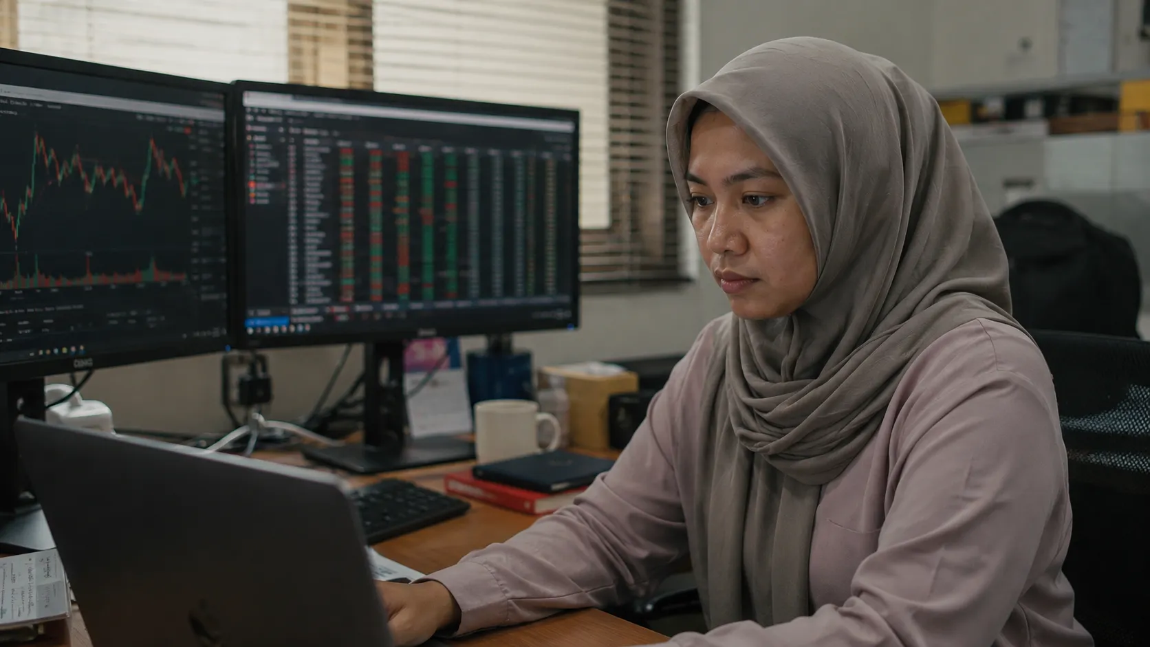 An Indonesian financial analyst reviewing commodity charts following news of the recent oil tanker attacks