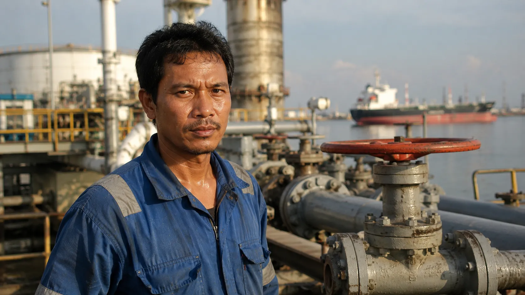 A local Indonesian maritime worker inspecting industrial port infrastructure amidst shifting global oil supply chains
