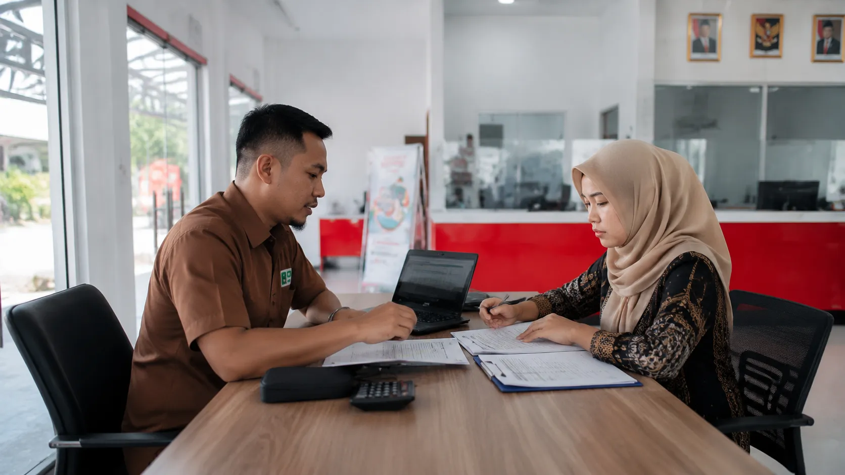 An Indonesian auditor in a modest rural office cross-checking files before the Kopdes debt repayment authorization