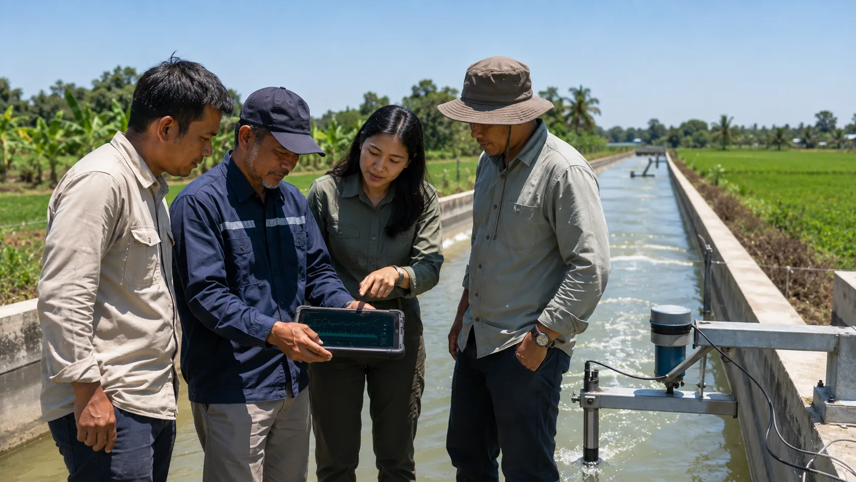 Institutional Water Rights Trading - A hyper-realistic editorial photograph of a diverse team of hydrologists and local agrarian managers inspecting a massive concrete irrigation canal and water flow telemetry sensor under a bright midday sun