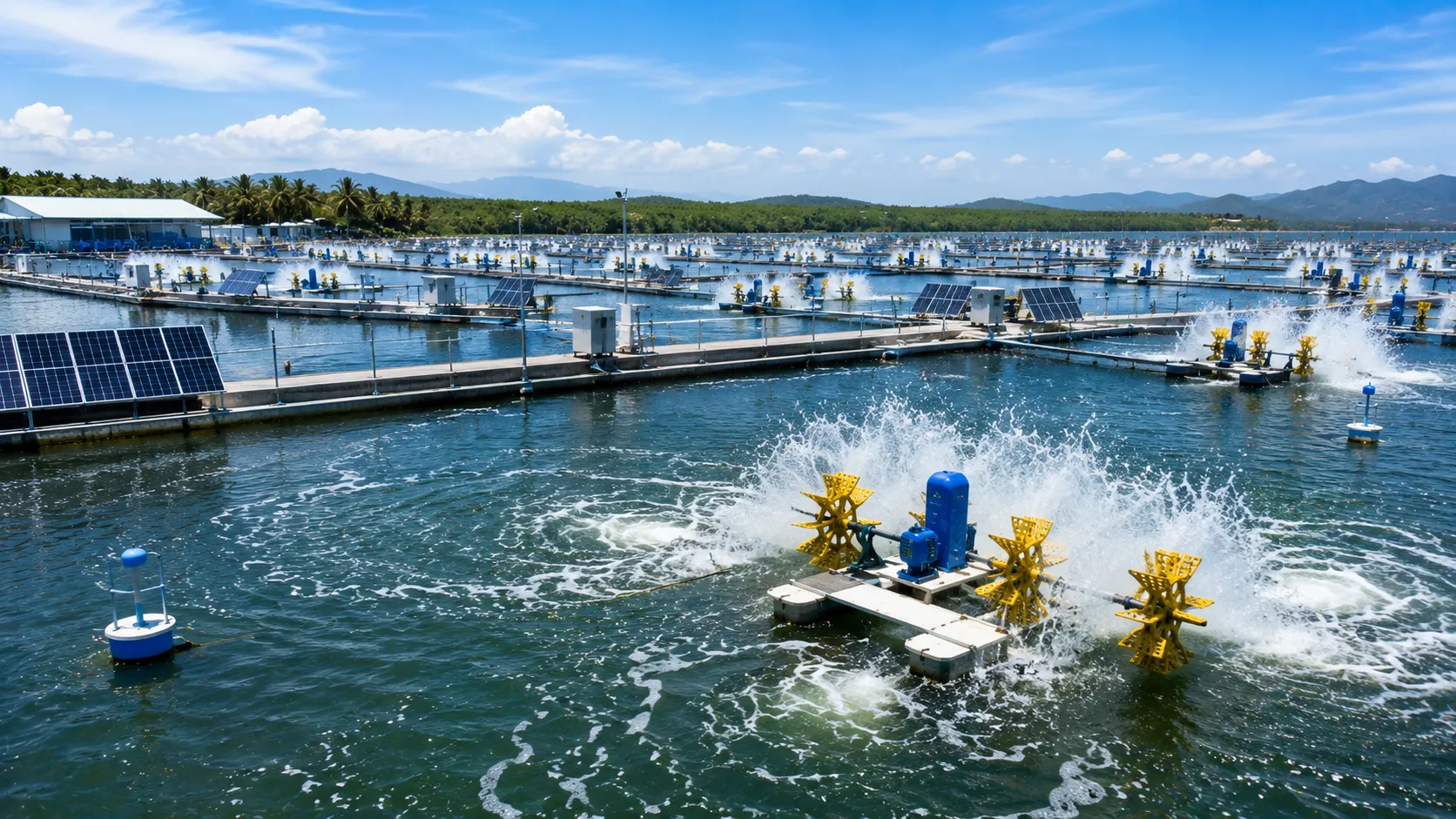 Sustainable Aquaculture Financing - A realistic editorial photograph of an intensive, modern coastal shrimp farming facility equipped with automated paddlewheel aerators and solar-powered water quality sensors operating under clear daylight