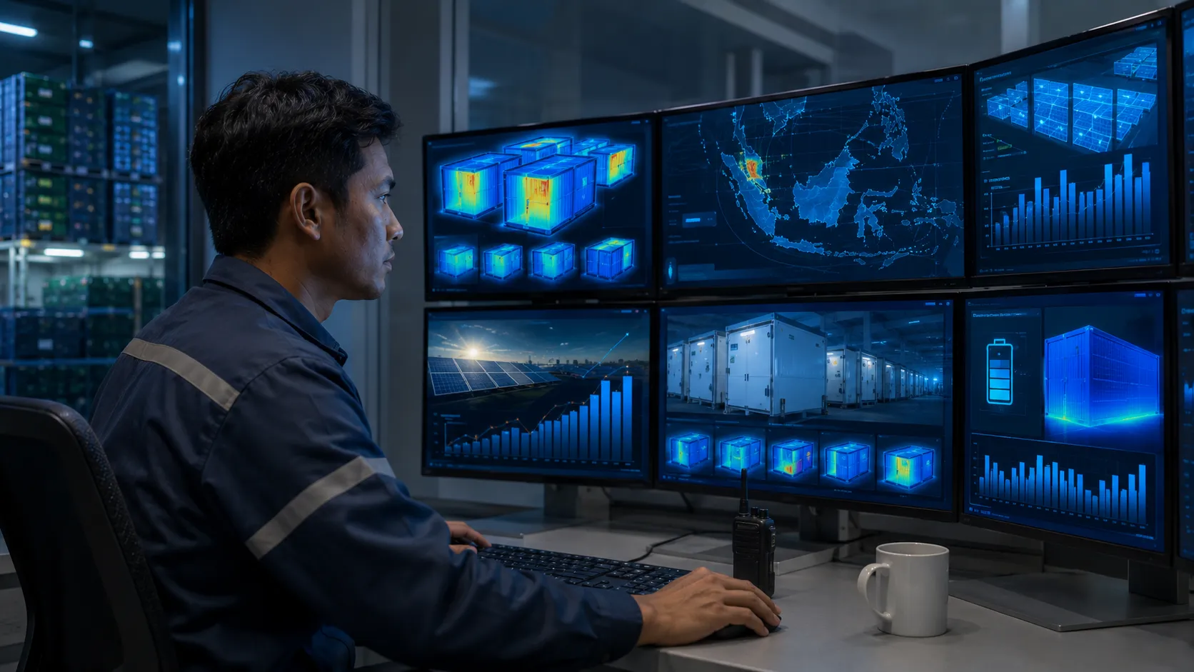 Solar-Powered Cold Chain Logistics - A realistic editorial photograph of an agricultural logistics technician operating an IoT thermal telemetry dashboard inside a modern control room
