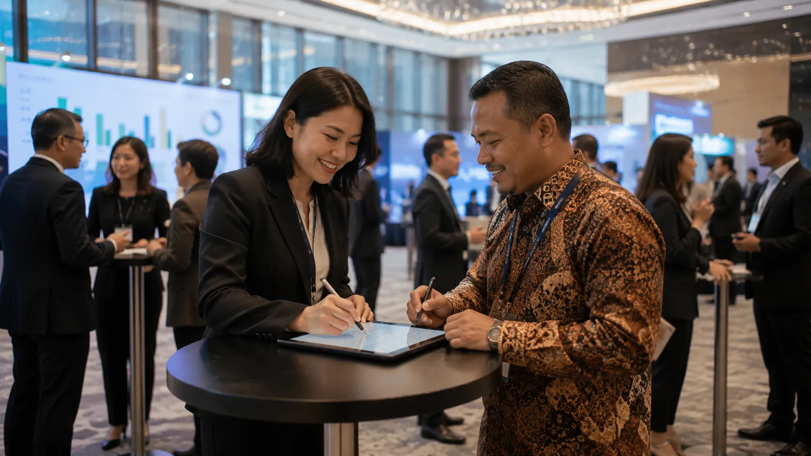 Deregulating Retail Supply Chains - A realistic, high-end editorial photo of a business matching event where MSME owners and corporate retail buyers are signing procurement contracts at a modern exhibition hall