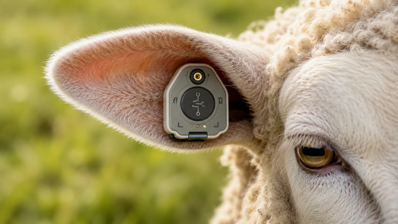 Close-up macro photograph of a high-tech biometric ear tag securely attached to a healthy sheep
