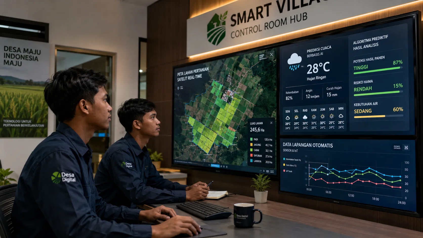 Young local technicians operating a control room monitoring smart village agricultural data