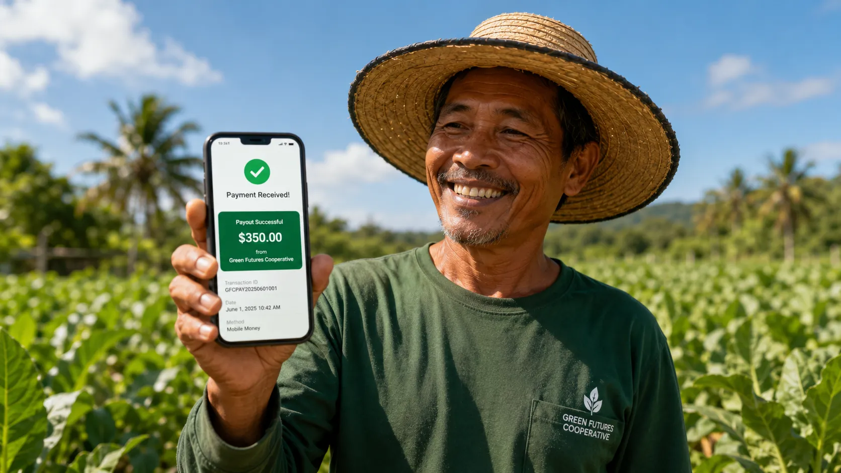 A smallholder farmer smiling while receiving an instantaneous crop insurance payout notification on a smartphone screen via mobile money