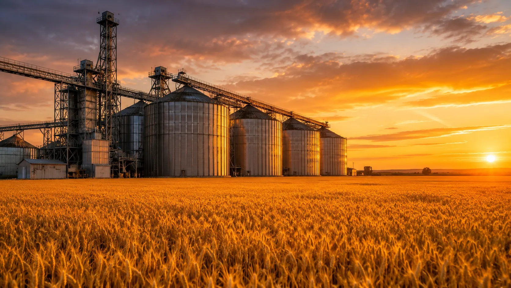 Tokenizing Farmland and Agricultural Commodities - A hyper-realistic editorial photograph of a modern high-tech grain silo and expansive golden wheat field at sunset