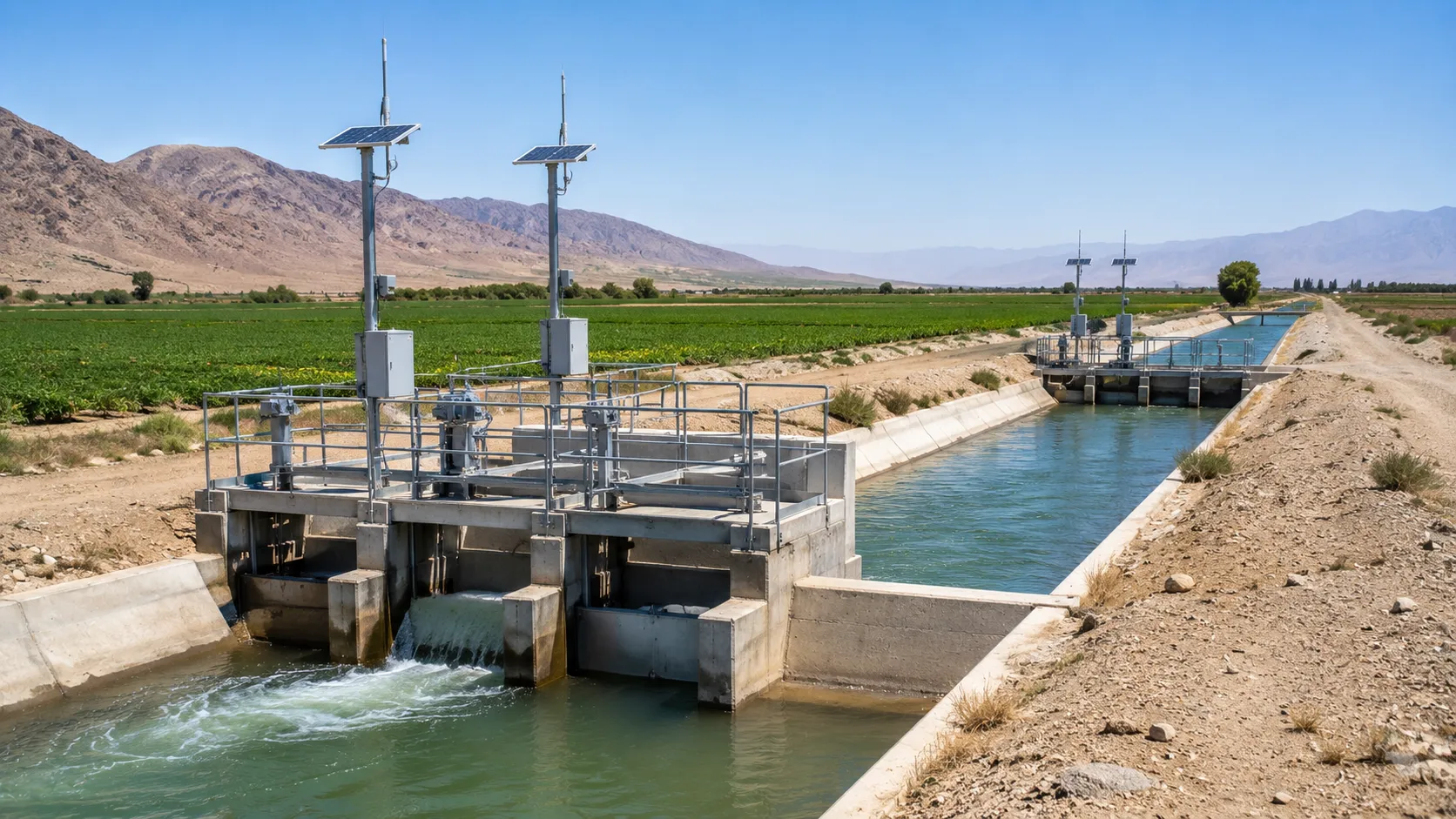 Institutional Water Rights Trading - A realistic editorial photograph of a massive, modern concrete irrigation aqueduct flowing through an arid agricultural plain under clear blue skies