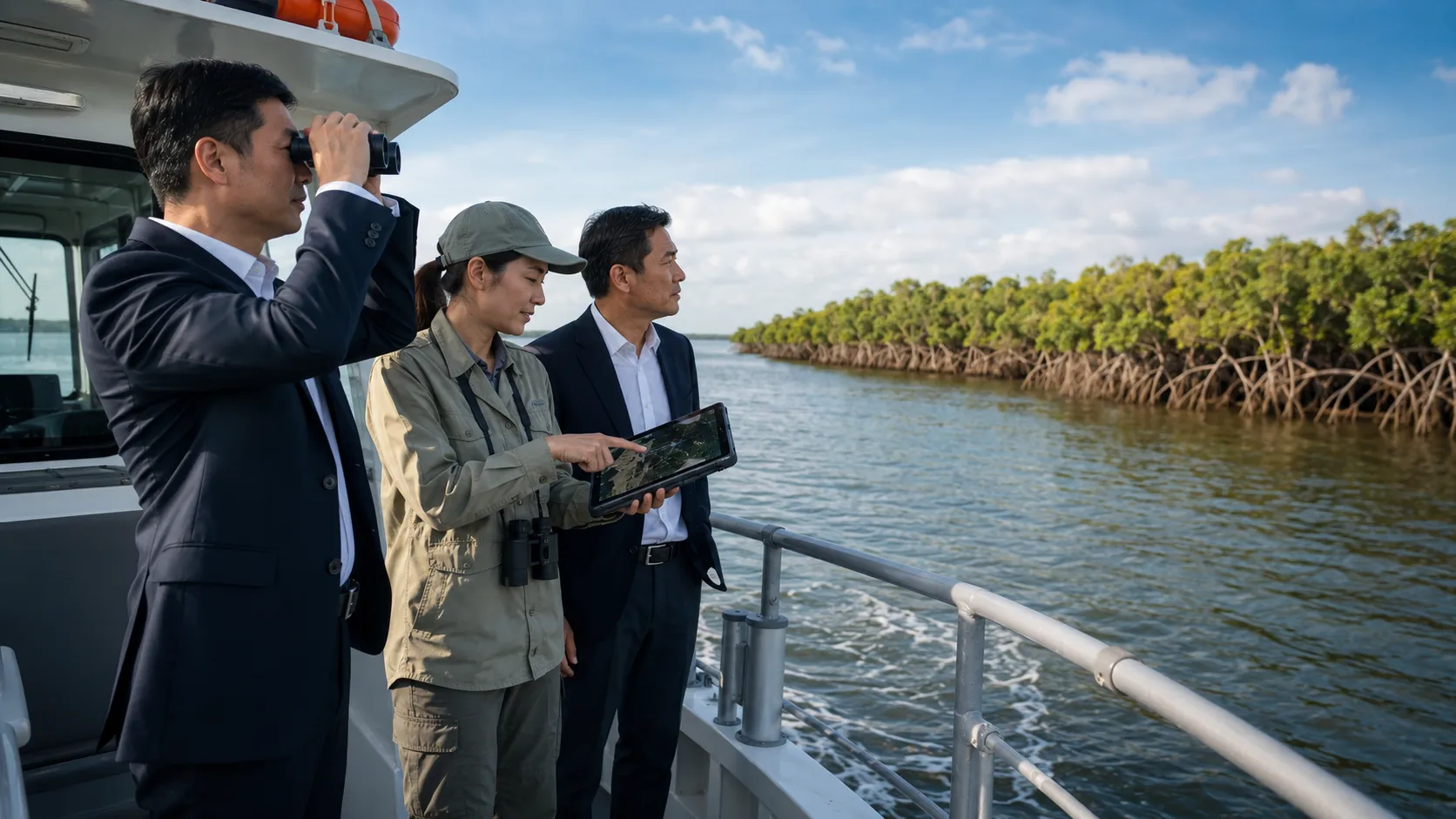 Monetizing Blue Carbon - A high-end editorial photograph of institutional asset managers and marine biologists surveying a coastal mangrove restoration concession from a research vessel